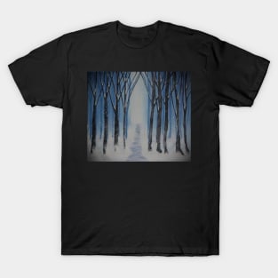 Winter Snow Path Snowy Trees Blue & White Art Painting done in graphic design art, Winter Landscape, Wall Art and Many Products T-Shirt